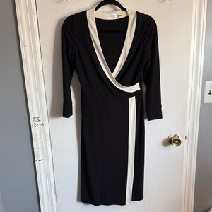 Calvin Klein Black Dress with Ivory Trim Wrap Front